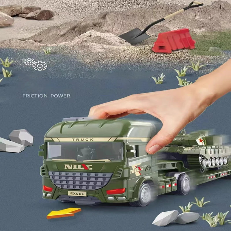 Brinquedo Educativo – Caminhão Transportador com Escavadeira e Veículos de Engenharia | Carro de Inércia para Crianças